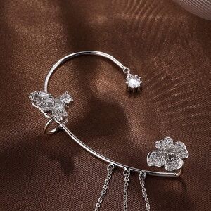 New Crystal & Silver Butterfly and Tassel Ear Cuff with Floral Design